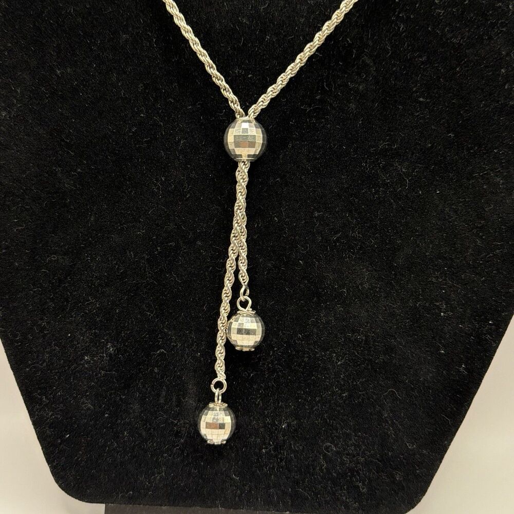 925 Sterling Silver Rope Lariat Disco Ball Tassel Necklace 28" 20.9g